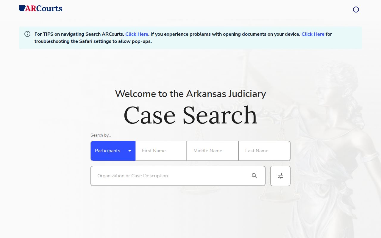 Official Arkansas case search landing page used to identify Logan County court cases